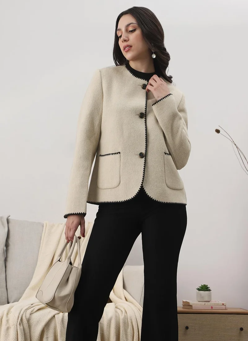 globus Globus Women Camel Brown Round Neck Long Sleeves Embroidered Detail Self Design 2 Pockets Winterwear Overcoat